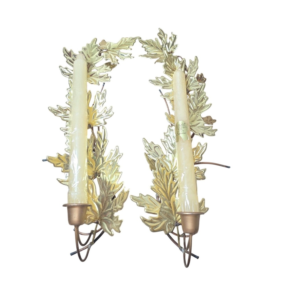 Vtg MCM Gold Metal Leaf Wall Candle Sconces Set Of 2 Retro Home Decor Art